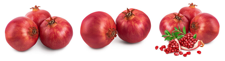 Pomegranate with leaf isolated on white background with clipping path and full depth of field. Set or collection
