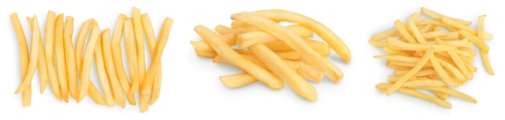 French fries or fried potatoes isolated on white background. Set or collection