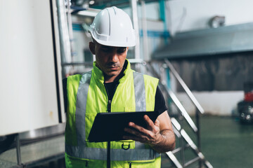 Engineer foreman using digital tablet to repair machine in industrial factory. worker in safety...