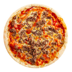 Isolated fresh bolognese tomato pizza on white background