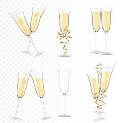 Set of Transparent realistic glasses of champagne, isolated.