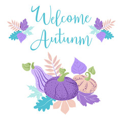 Thanksgiving banner. Pumpkins and autumn leaves in an unusual calm palette. Composition of purple pumpkins. The vector is made in a flat style. Suitable for postcards and posters.