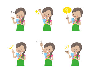 スマホを操作するインドの女の子,ポジティブな表情セット