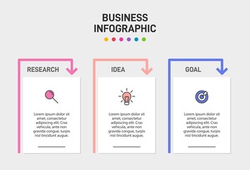 Concept of arrow business model with 3 successive steps. Three colorful graphic elements. Timeline design for brochure, presentation. Infographic design layout.
