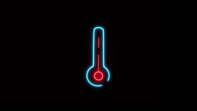 Blue Color Neon Icon. Animation of Meteorology thermometer with increase and decrease. Isolated on the black background. Medical Covid-19 concept. Equipment showing hot or cold weather. 4K Video