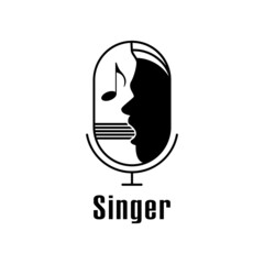 karaoke singer logo - Silhouette of female face doing vocal - microphone with song notes