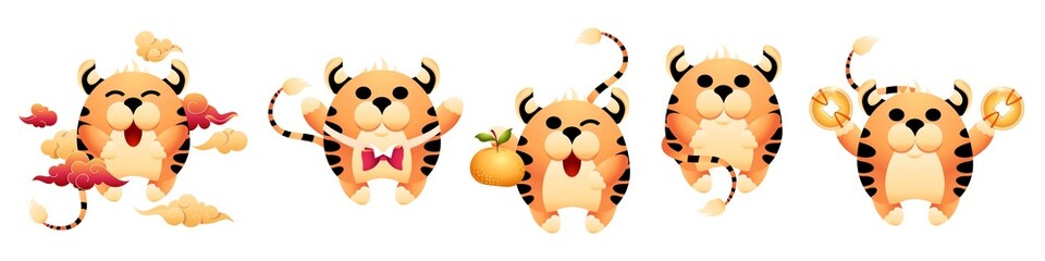 Fototapeta na wymiar Set of golden striped symbols of coming Chinese new year of tiger. Collection of cute new year 2022 tigers. Group of mascots for design or decoration of greeting cards. Vector isolated illustration.
