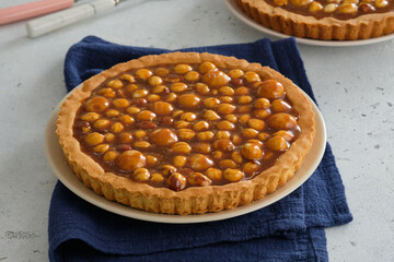 Pie with hazelnuts and macadamia nuts. Nut tart with caramel.
