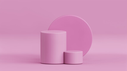3D rendering of empty product display podiums on pink color background. Stage for product advertising.