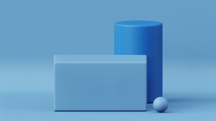 3D rendering of empty product display podiums on blue color background. Stage for product advertising.