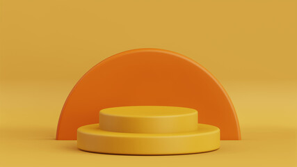 3D rendering of empty product display podiums on orange color background. Stage for product advertising.