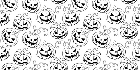 Vector Seamless pattern with outline pumpkins, Jack o Lantern. Halloween backgrounds and textures in doodle style