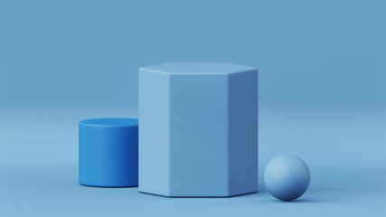 3D rendering of empty product display podiums on blue color background. Stage for product advertising.