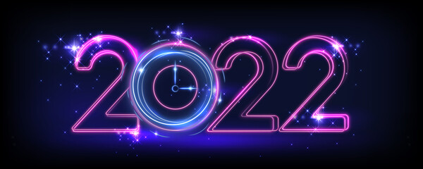 2022 Shining Numbers with Clock. Neon New Year Banner, Glowing Violet Greeting Card, Luminous Purple 2022 Seasonal Flyer on Dark Night Background