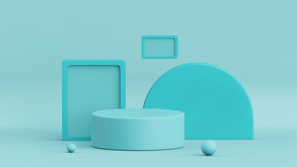 3D rendering of empty product display podiums on turquoise color background. Stage for product advertising.