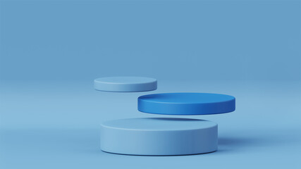 3D rendering of empty product display podiums on blue color background. Stage for product advertising.