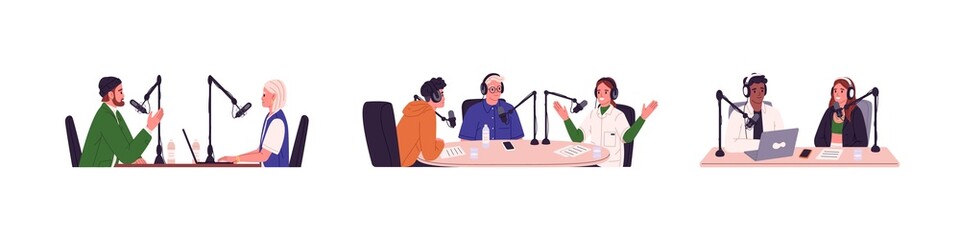 Set of people with microphones and headphones recording audio for podcasts and radio broadcasts. Happy men and women talking at live stream. Flat vector illustration isolated on white background