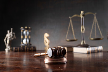Law and justice concept. Law symbols composition: judge’s gavel, legal code and scale.