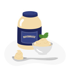 Mayonnaise, sauce in a jar, beautifully laid out next to it in a cup and on a spoon, concept. Vector illustration in a cartoon flat hand-drawn style. For design, banner, advertising