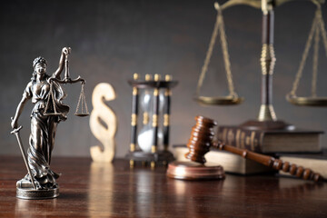 Law and justice concept. Law symbols composition: judge’s gavel, legal code and scale.