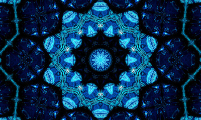 Blue navy kaleidoscope pattern abstract background. Circle pattern. Abstract fractal kaleidoscope background. Abstract fractal pattern geometrical symmetrical ornament. Kaleidoscope blue pattern