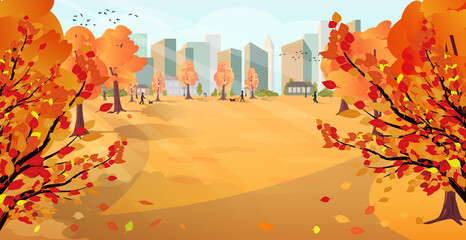 Against the background of autumn landscape, a panorama of autumn park with view of city and strolling people. Bright autumn trees, sun rays and flying leaves. Vector illustration with space for text.