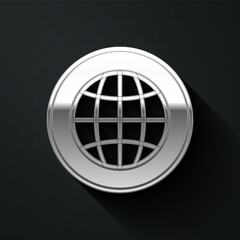 Silver Global technology or social network icon isolated on black background. Long shadow style. Vector