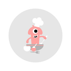 Cutlery, crockery, cute monster chef. Vector illustration for kids menu, logo.