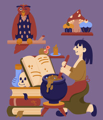 Obraz premium Halloween hand drawn illustration with witch and bubbling cauldron, the book of spells, owl and candle.