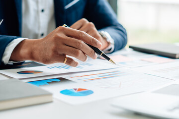 Business team meeting to conference, collaboration discussing working analyzing with financial data and marketing business strategy project, presentation and brainstorming to making profit of company