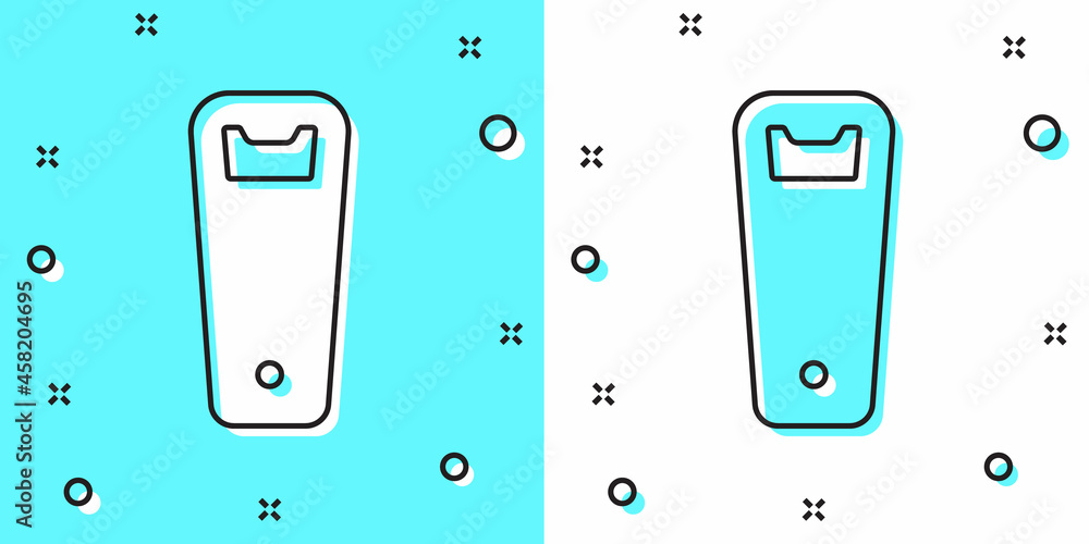 Poster black line bottle opener icon isolated on green and white background. random dynamic shapes. vector