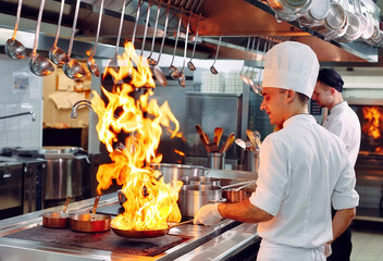Modern kitchen. Cooks prepare meals on the stove in the kitchen of the restaurant or hotel. The...