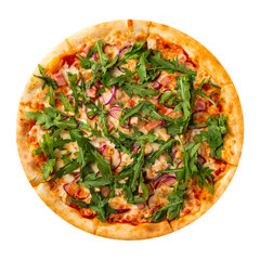 Isolated arugula herbs pizza with red onion on white background