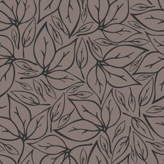 Seamless pattern with the image of leaves in a linear style on a solid background. For printing on textiles, interior design, office, etc