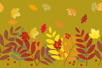 Seamless horizontal border pattern in the autumn theme. Bright berries and leaves of mountain ash and maple on a green background. Vector illustration in cartoon style