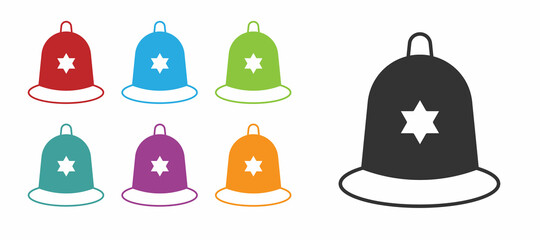 Black British police helmet icon isolated on white background. Set icons colorful. Vector