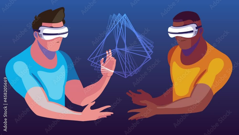 Poster virtual reality tech with men using masks