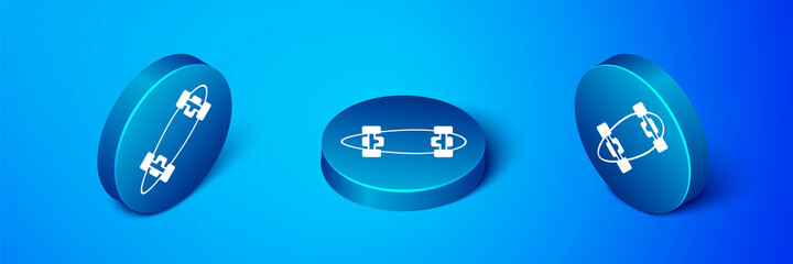 Isometric Longboard or skateboard cruiser icon isolated on blue background. Extreme sport. Sport equipment. Blue circle button. Vector
