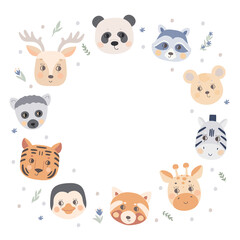 Round frame with animal faces, giraffe, tiger, lemur, penguin, zebra bear, panda, deer and raccoon. Design template for text, copy space.
