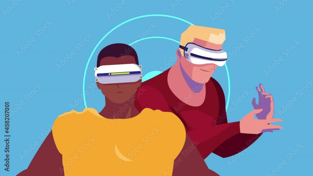 Poster virtual reality tech with interracial men using masks