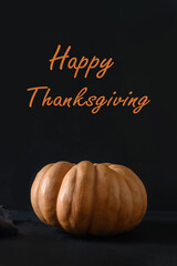 Orange big pumpkin on black background. Text - Happy Thanksgiving. Front view. Vertical format.