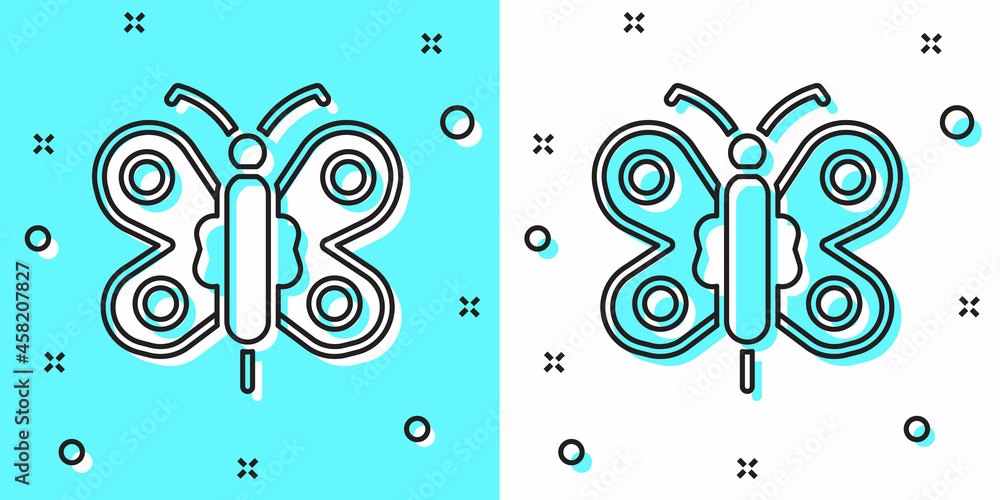 Poster black line butterfly icon isolated on green and white background. random dynamic shapes. vector