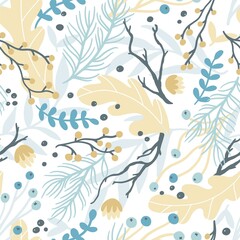Naklejka premium Winter floral seamless pattern. Dead deciduous and coniferous plants, dry branches. Vector hand-drawn trendy illustration in scandinavian style. Ideal for fabric, textile, paper packaging.