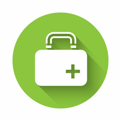 Obraz premium White First aid kit icon isolated with long shadow background. Medical box with cross. Medical equipment for emergency. Healthcare concept. Green circle button. Vector