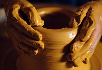 Pottery workshop. A little girl makes a vase of clay. Clay modeling