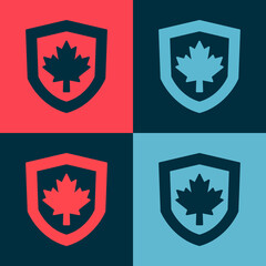 Pop art Canada flag on shield icon isolated on color background. Vector