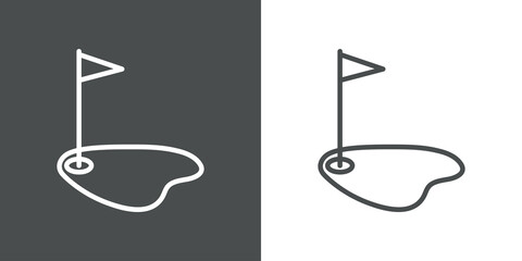 Icono plano con bandera en hoyo de club de golf con lineas en fondo gris y fondo blanco © teracreonte