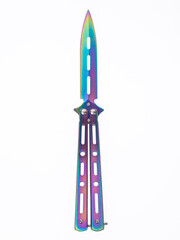 rainbow metal folding toy iridescent unsharpened knife on white background