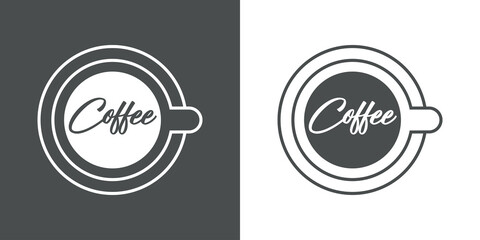 Logotipo con texto manuscrito Coffee en silueta de taza de café con lineas en fondo gris y fondo blanco © teracreonte