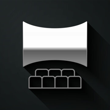Silver Cinema auditorium with screen icon isolated on black background. Long shadow style. Vector